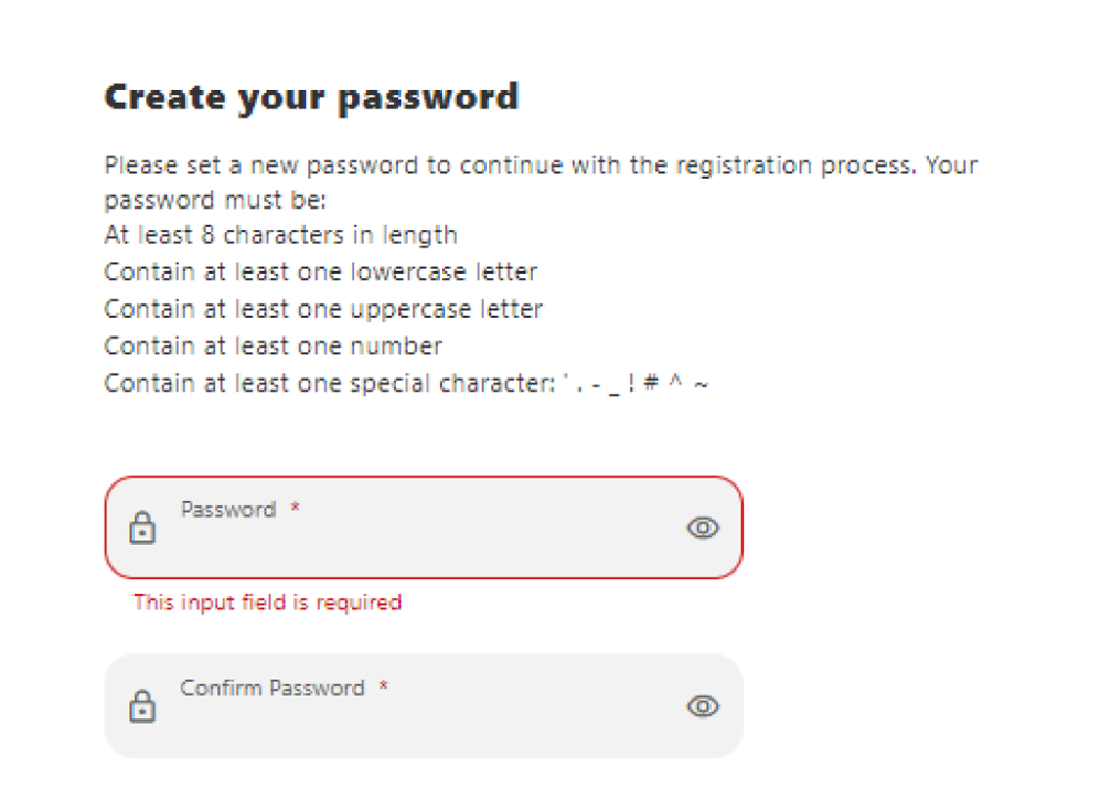 This image shows the digital banking screen where you can create a new password. It lists all of the parameters needed for a good password.